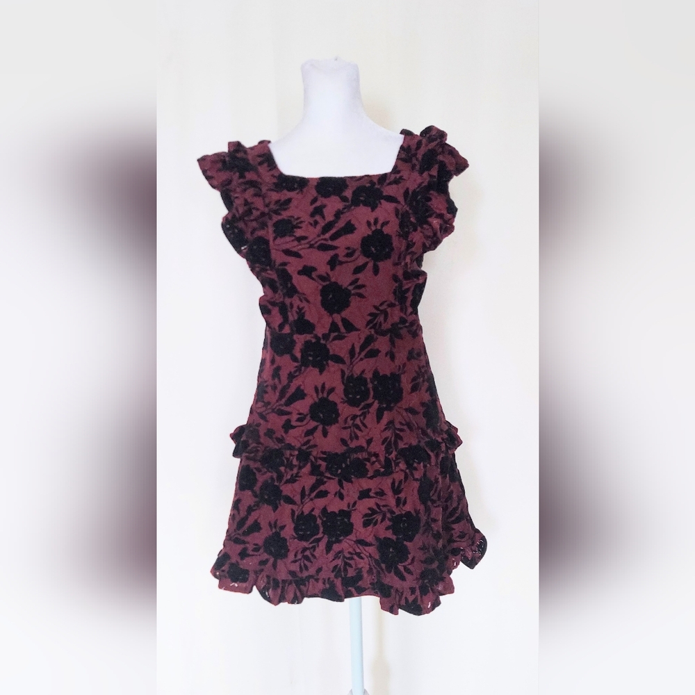 Zac Posen Girls Size 12 Flocked Floral Mini Dress Maroon Red Black